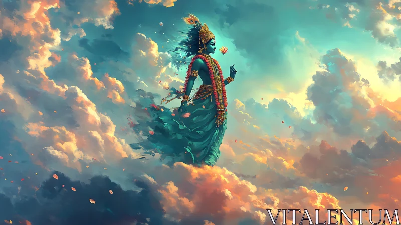 Divine blue figure floating among glowing sunset clouds.