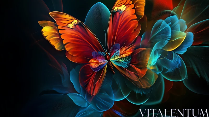 Vivid digital butterfly over luminous abstract petals.