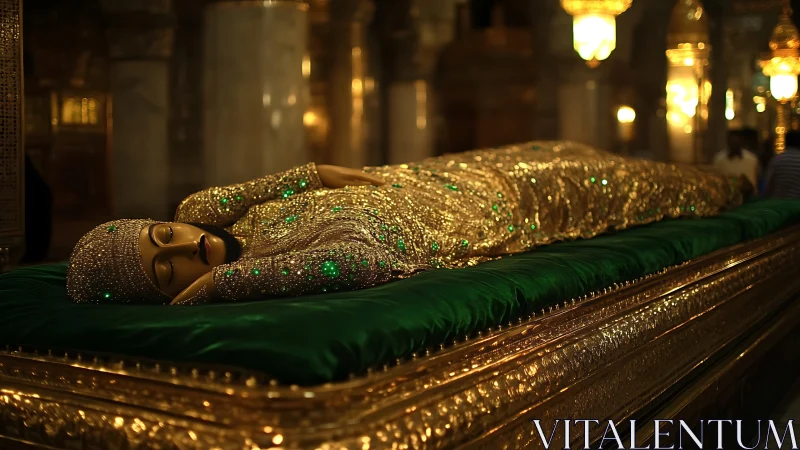 Serene jeweled figure resting on a glowing emerald cushion.