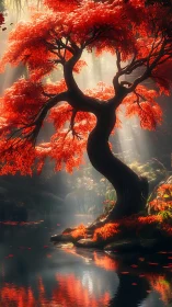 Crimson maple bends over misty pond in golden shafts.