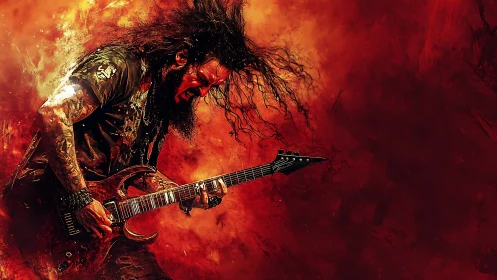 Fiery metal guitarist shredding in explosive red textures.