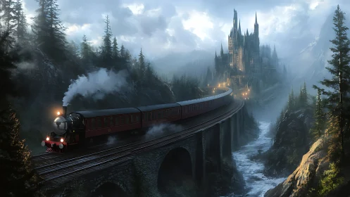Steam train crosses misty viaduct toward glowing castle
