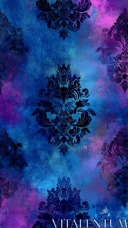 Baroque damask silhouettes overlay a saturated nebula ground