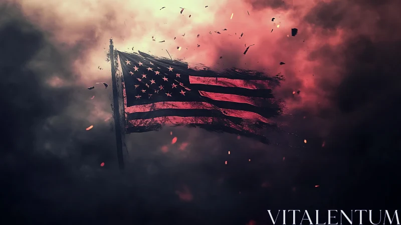 Torn American flag drifting through ember choked storm sky.