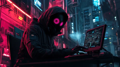 Cyberpunk coder in neon alleyway with glowing mask.