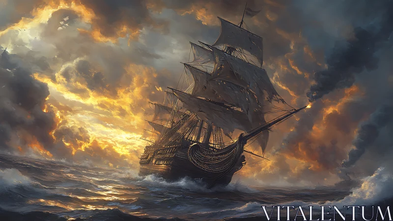 Tall ship under stormy sky with glowing sunset clouds.