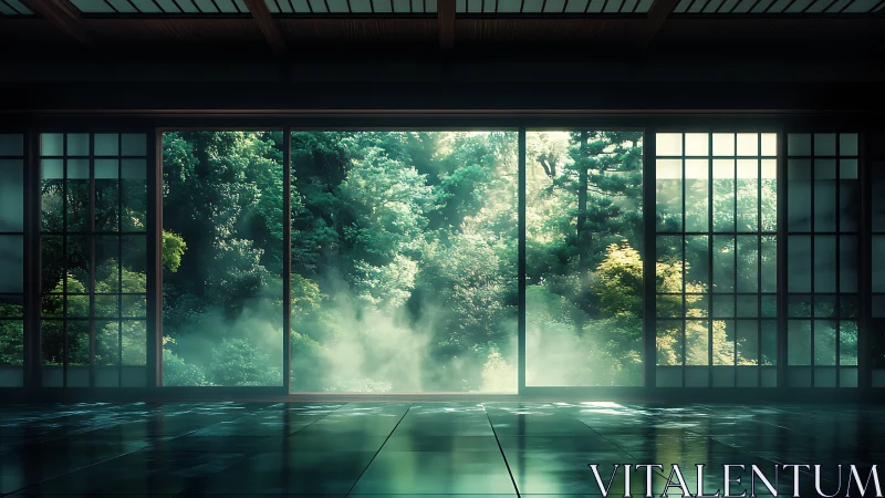 Forest mist leans into a tranquil tatami hall of quiet light