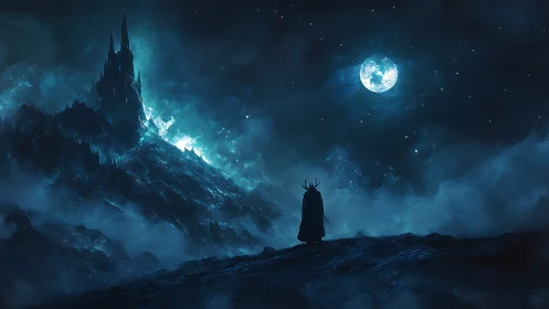 Solitary cloaked figure facing distant spired mountain citadel.