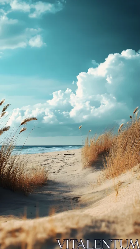 Photorealistic coastal dune corridor with luminous cloudscape.
