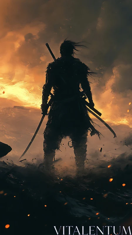 Silhouetted swordsman standing before burning sky.