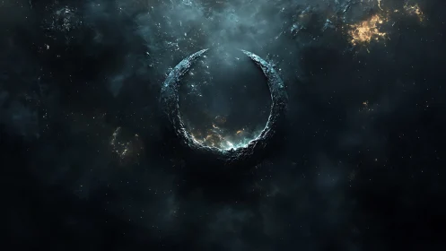 Crescent megastructure arcs through nebular dust with molten core