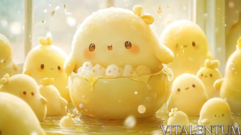 Adorable Golden Chicks Gathering Around Their Bubbling Potion Bowl