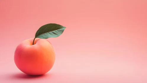 Fresh peach with green leaf on pastel pink minimalist background.