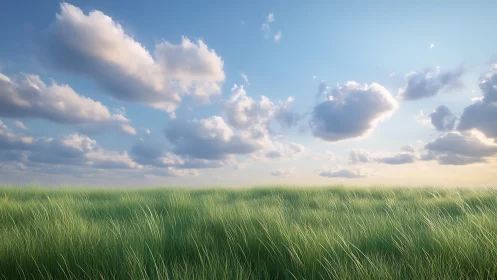 Sunlit meadow grasses under soft stratocumulus sky panorama.