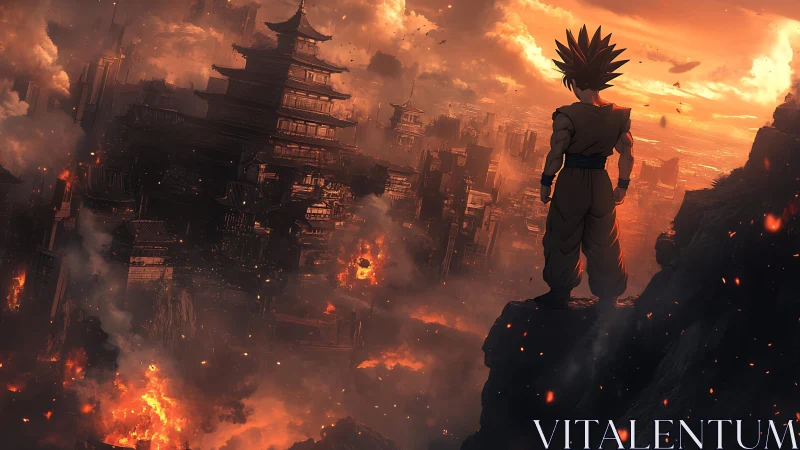 Spiky haired warrior overlooks burning city at sunset.