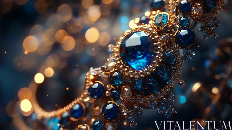 Close-up of ornate blue gemstone and gold jewelry piece.
