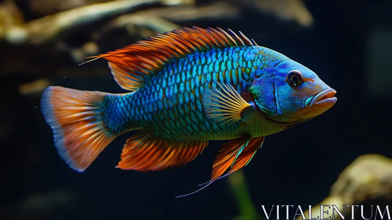 Vibrant tropical fish with blue scales and orange fins in aquarium.