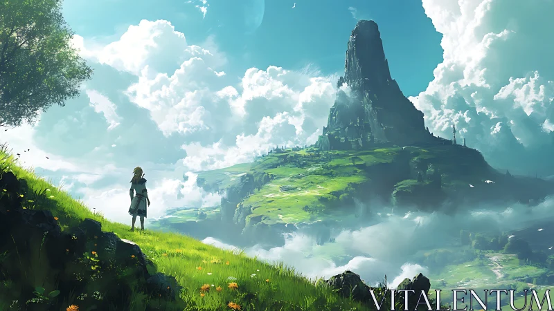 Lone wanderer greeting a cloud-wrapped emerald spire.