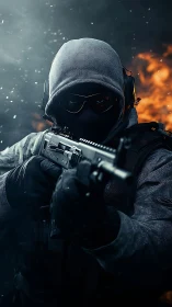 Tactical operator in winter assault stance, weapon foregrounded.