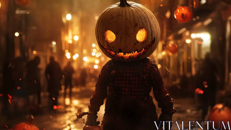 Backlit pumpkin-headed figure occupies shallow-depth Halloween street