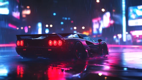 Neon-lit supercar in rain-soaked nocturnal city street reflection
