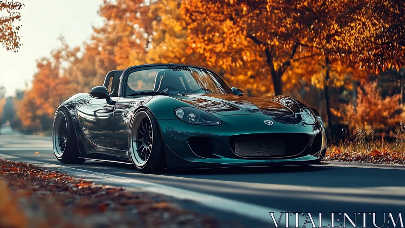 Modified Mazda roadster cuts through autumnal forest light