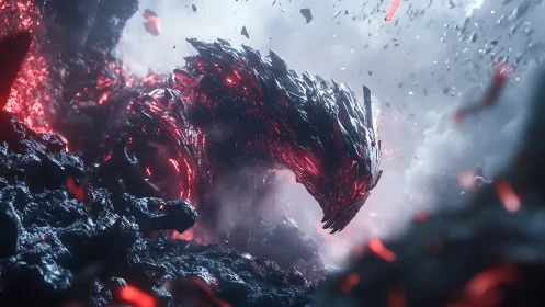 Molten obsidian dragon emerges amid eruptive volcanic debris