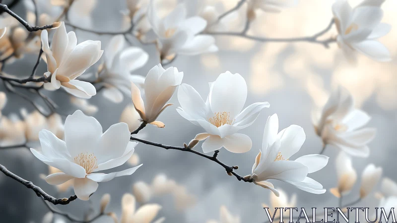 Magnolia Blossoms: Delicate White Petals With Golden Stamens on Dark Branches