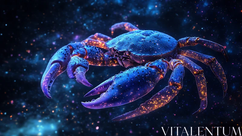 Cosmic neon crab drifts through star-speckled void.