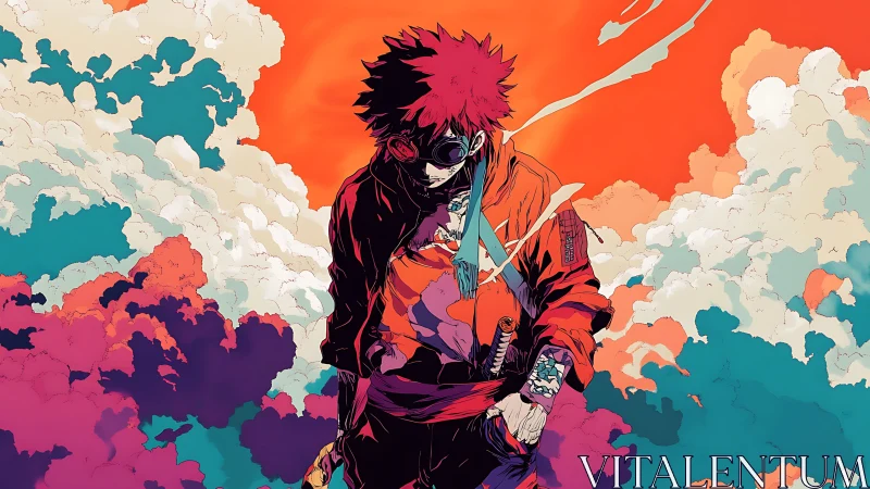 Gritty red-clad swordsman in stylized neon storm clouds.