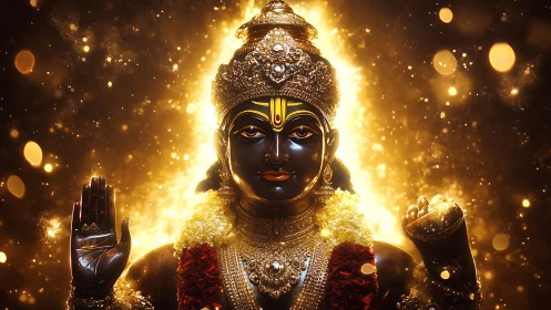 Radiant black-stone deity amid golden ethereal glow.
