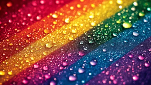 Macro water droplets on diagonal rainbow surface with specular highlights