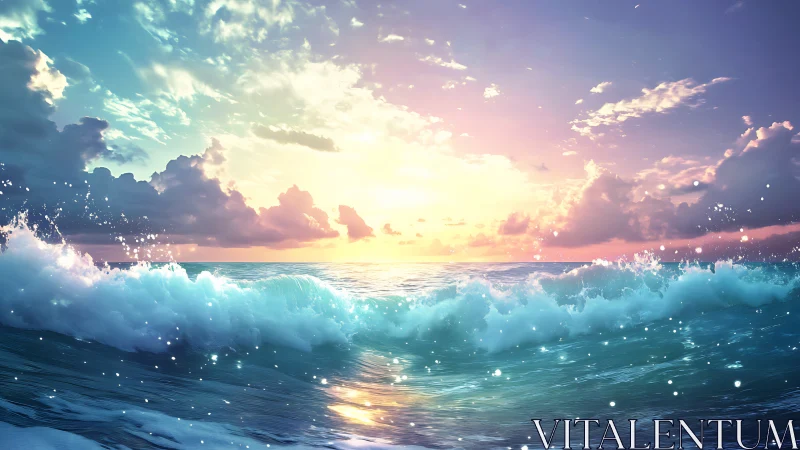 Radiant ocean waves glow beneath a dreamlike sunrise sky.
