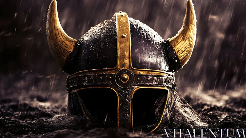 Viking horned helmet glows under stormlit battlefield rain
