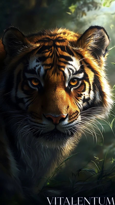 Detailed digital portrait of a tiger in shaded forest light.