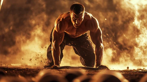 Muscular athlete kneels in fiery dust cloud at sunset.