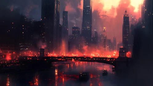 Fiery cyberpunk skyline engulfs a riverfront bridge at dusk.