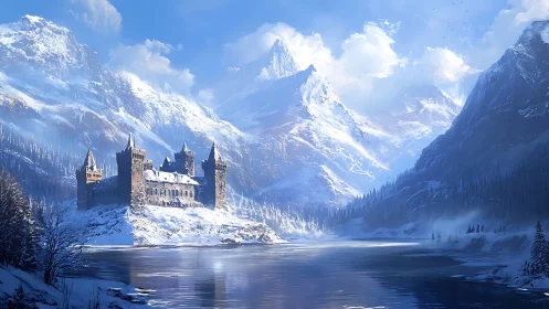 Snowbound mountain castle rests beside a frozen alpine lake