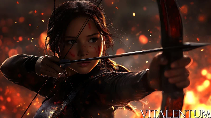 Fiery archer poised in mid-draw amid glowing embers.