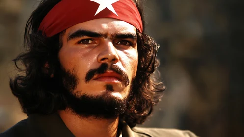 Portrait shows man with red star headband in soft sunlight