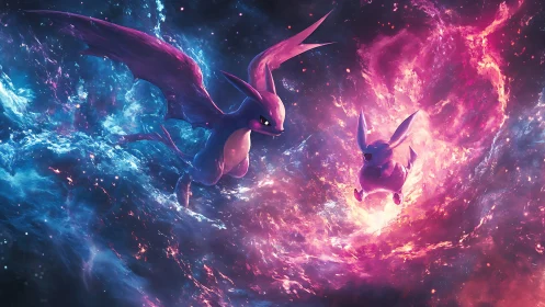 Cosmic dragon and rabbit duel amid neon nebula flames.