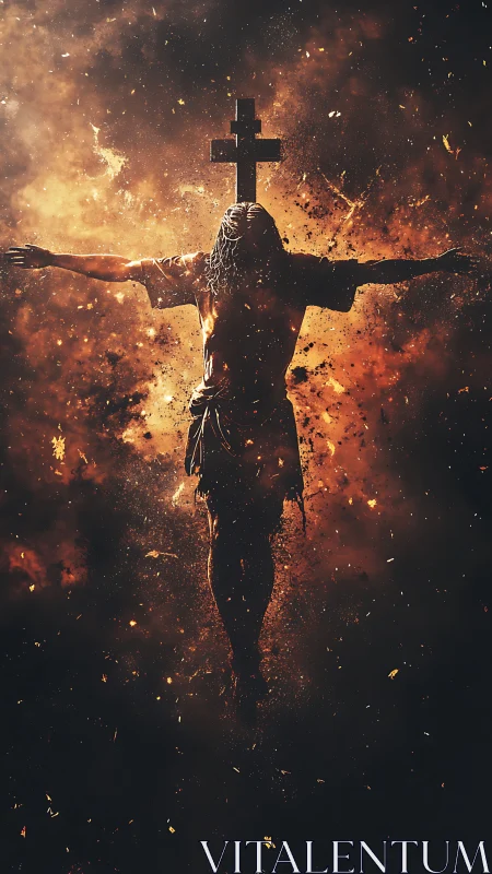 Backlit crucifix silhouette against explosive ember cloud rendering
