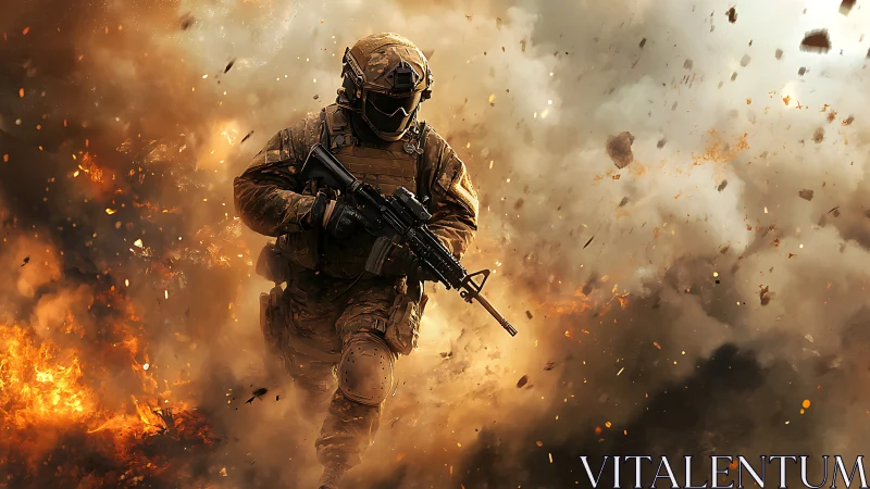 Storm-walker soldier strides through molten battlefield fire.