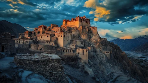Hilltop monastery complex stands over rocky valley at dusk