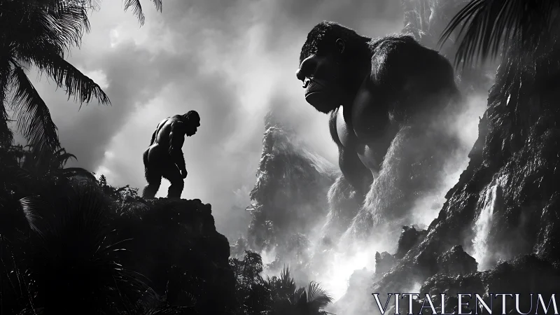 Misty jungle standoff between towering gorilla guardians.