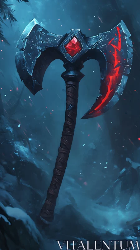 Crimson rune war axe brooding in a frostbitten forest.