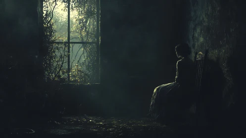 Solitary silhouette in decayed interior with misted window light.