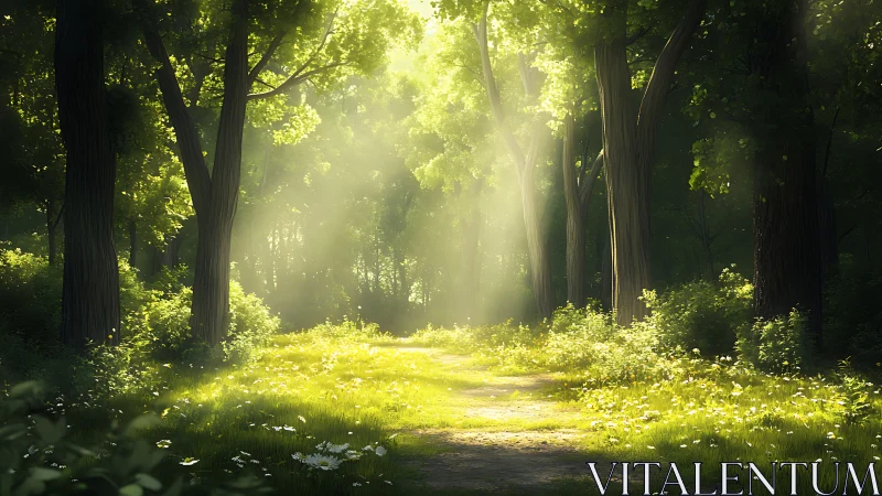 Sunlit Forest Path in Morning Light, Tranquil Nature Scene.