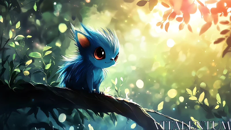 Blue forest creature basks in warm, magical morning light