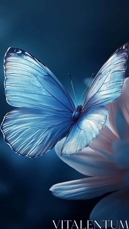 Moonlit blue butterfly poised on petal-soft twilight bloom.